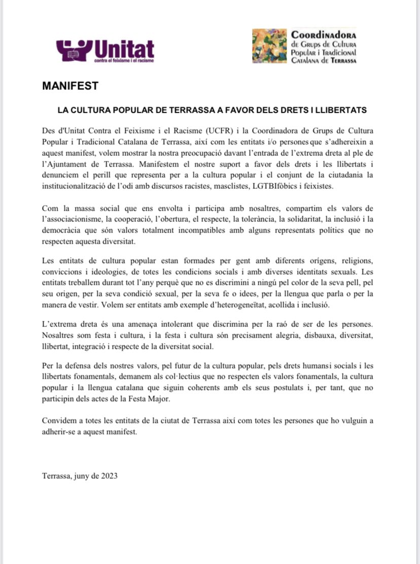 Des de Tonsisons també ens adherim al manifest de @ucfrterrassa i @culturapopulartrs a favor de drets i llibertats