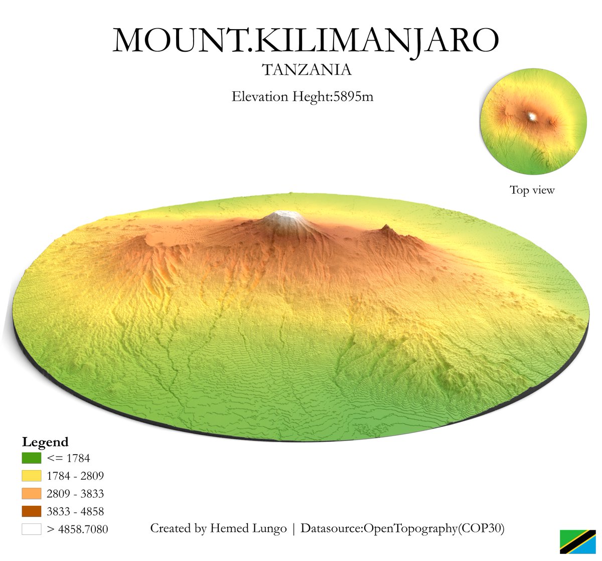 A Map🗺️Showing Terrain Model of Mount Kilimanjaro🏔️Found in Kilimanjaro Region,Tanzania🇹🇿 Dataset :@OpenTopography(COP30) #Kilimanjaro #Tanzania #Africa #gischat #geospatial #blender #b3d #Blender3d #Datavisualization #dataviz