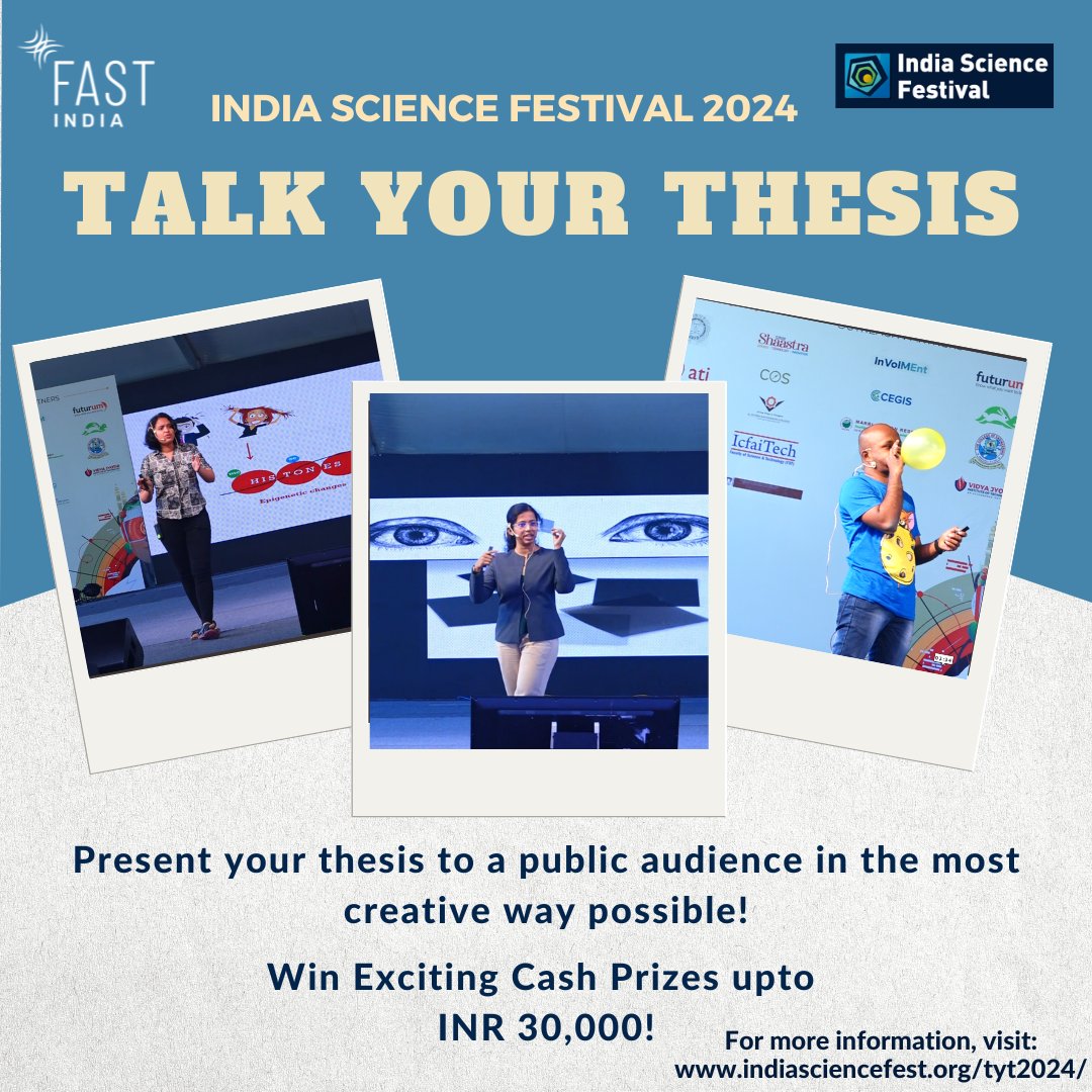 📣 Calling MSc/MS/MTech/PhD or Postdocs! Get ready to ‘Talk Your Thesis’ at the India Science Festival at IISER Pune! Showcase your exceptional research, receive mentorship and win up to 30,000 INR in prizes🏆 Register Here! indiasciencefest.org/tyt2024/