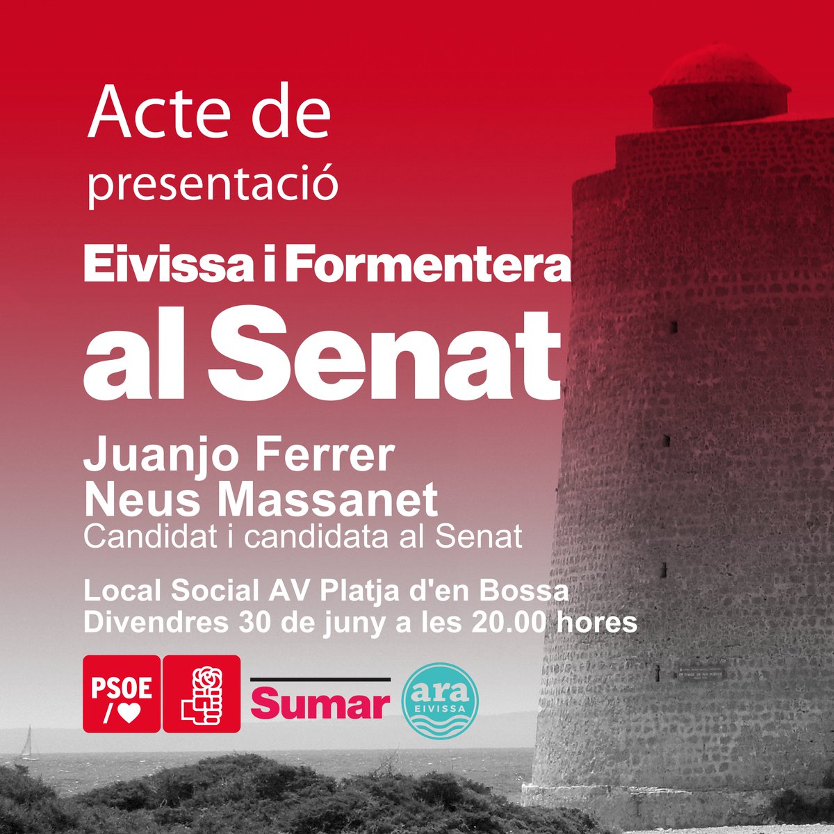 Acte de presentació de la candidatura 'Eivissa i Formentera al Senat' Amb @_JuanjoFerrer i @neusmassanet 📅Divendres 30 de juny a les 20.00 hores 📍Local Social AV de Platja d'en Bossa, carrer de Blas Infante 1 T'hi esperam! #DefensaElTeuFutur #Eivissa #Formentera