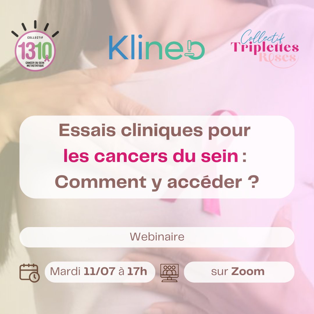 📌 Les essais cliniques pour TOUS les cancers du sein : comment y accéder ? 📌
⏰ Webinaire co-organisé par <a href="/klineo_fr/">Klineo</a> , le <a href="/Collectif_1310/">Collectif1310</a>  et le Collectif Triplettes Roses !
✅ Pour vous inscrire, cliquez ICI :  zoom.us/webinar/regist…