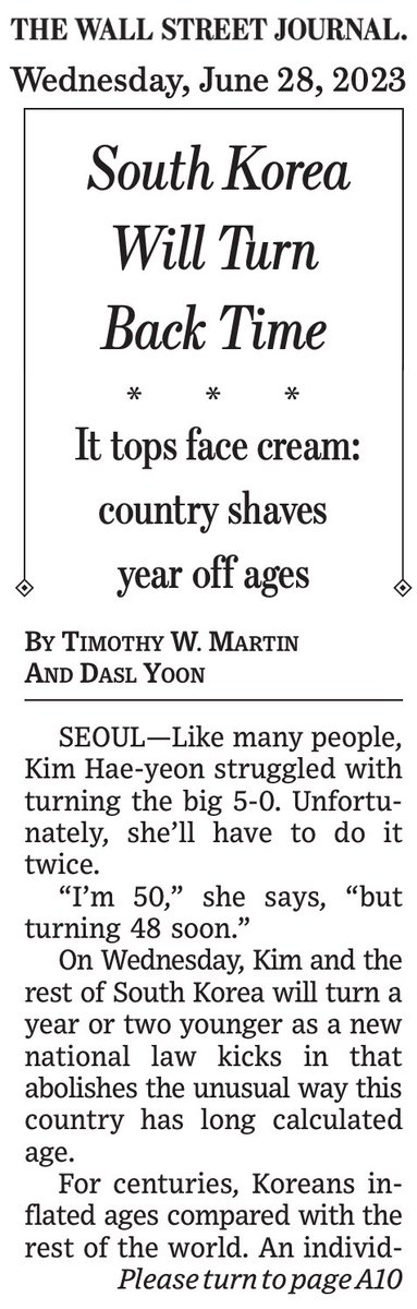 beastoftraal's tweet photo. "For centuries, Koreans inflated ages compared with the rest of the world. An individual is 1-year-old at birth, and everyone gains a year together on Jan. 1. A New Year’s Eve baby turns two after a single day." 🤯 https://t.co/RBbBEo5LDp