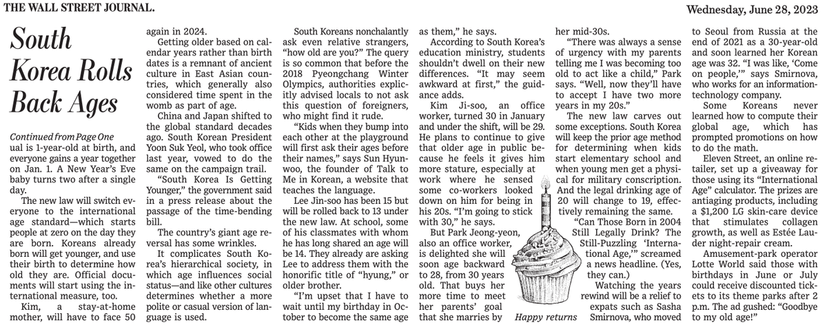 beastoftraal's tweet photo. "For centuries, Koreans inflated ages compared with the rest of the world. An individual is 1-year-old at birth, and everyone gains a year together on Jan. 1. A New Year’s Eve baby turns two after a single day." 🤯 https://t.co/RBbBEo5LDp