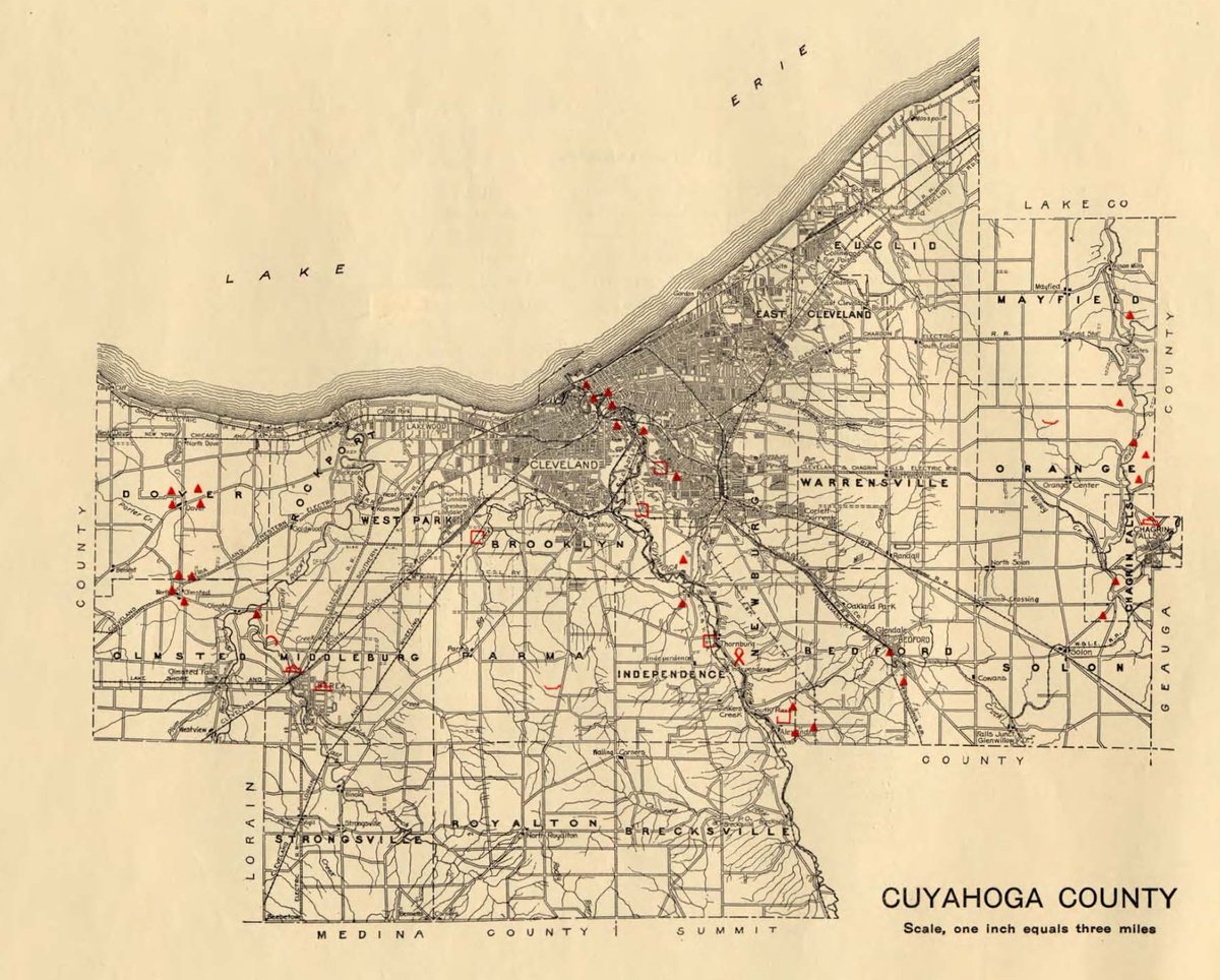 1914 map of Cuyahoga County, Ohio showing the mounds & earthworks there that were known at that time.