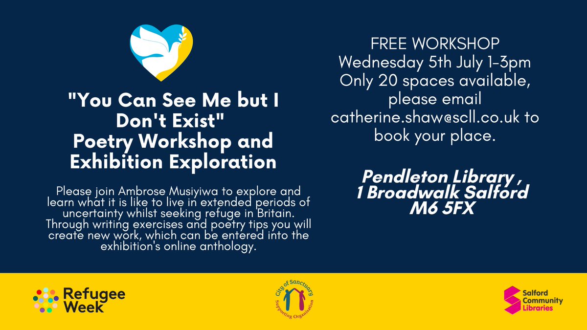 Join us for a poetry writing workshop exploring the photo exhibition “You can see me, but I don’t exist” to mark #RefugeeWeek
Pendleton Library - Wednesday 5th July -1 - 3pm -FREE Workshop - Booking is essential. To secure your place, email catherine.shaw@scll.co.uk