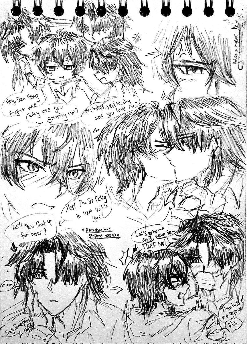 Renhengweek Day 4 : First Confession Im sorry this is another quick sketch, literally renheng in my highschool au 😂 Read from up left -> middle right -> bottom left . #Renhengweek2023 #刃恒 #刃丹 #RenHeng