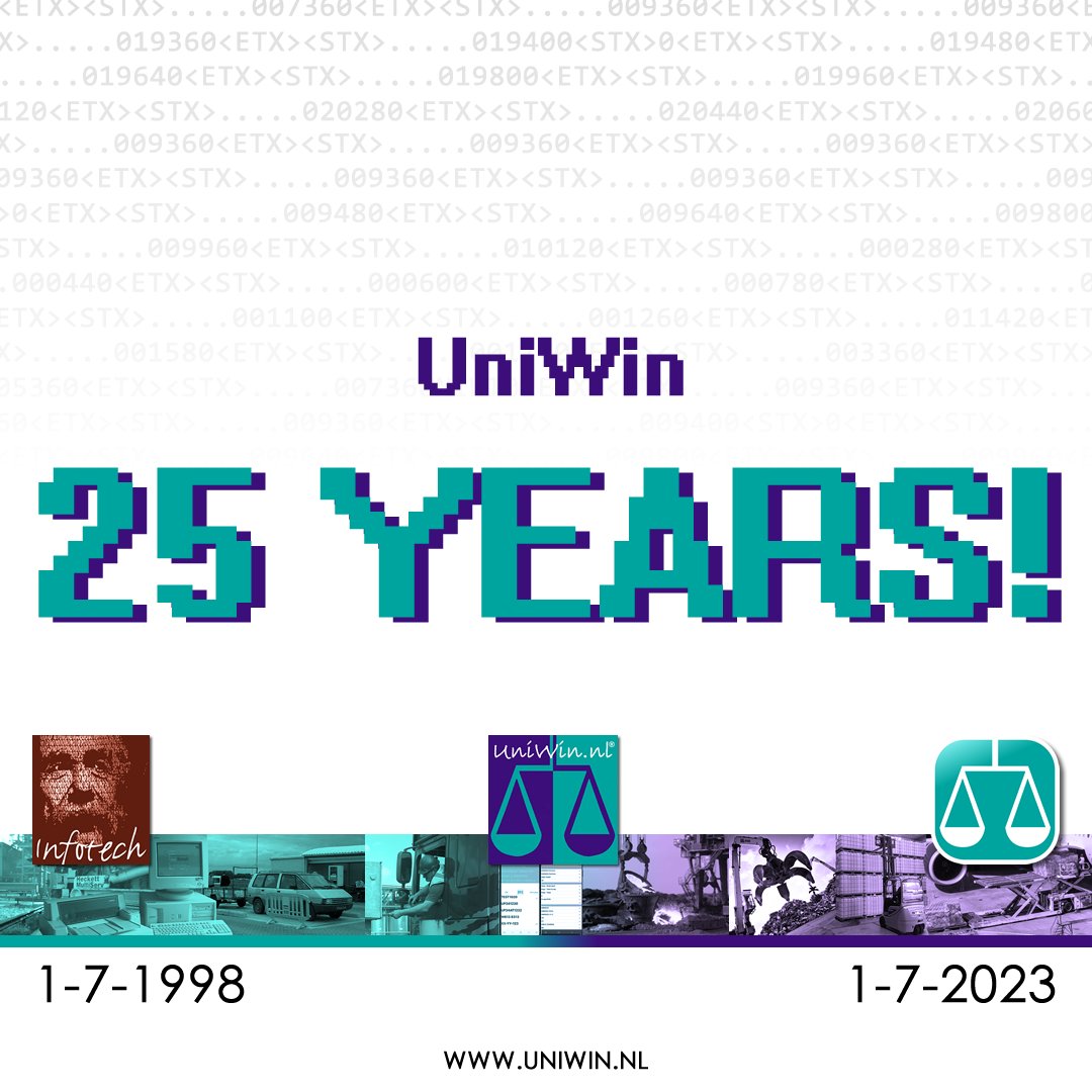 uniwinsoftware's tweet image. UNIWIN = 25 YEARS! 🎈🎉

Today is the 25th anniversary of Infotech Logistics and we are very proud of it!

We want to thank all our customers, resellers and other partners for their trust in us and our product for the last 25 years!

#UNIWIN #SCALES #WEIGHBRIDGES #WEIGHSOFTWARE