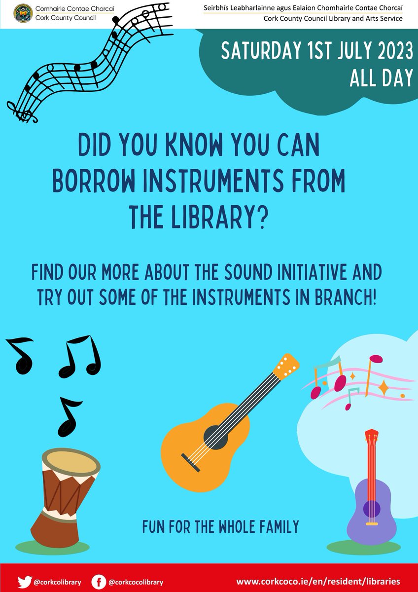 Come to Clonakilty Library on Sat July 1st ! Celebrate the Old Time Fair & South of Ireland Band Championships, see the puppet show at 11 a.m & musical instruments
from A Sound Initiative.#Iloveclonakilty
#clonakiltyoldtimefair #southofIrelandbandchampionships