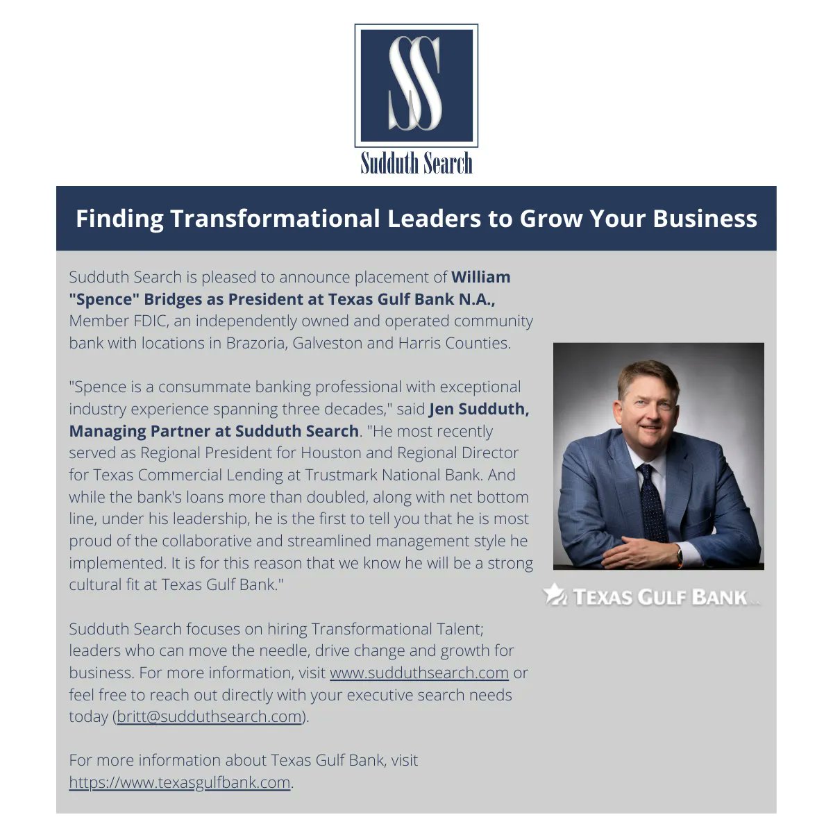 jsud's tweet photo. Sudduth Search places Spence Bridges as President at @TexasGulfBank. Well wishes and blessings to retiring president Richard Jochetz! #houston #tx #retained #executivesearch #recruiting #transformationaltalent #commercialbanking https://t.co/y7U2F1pEP2