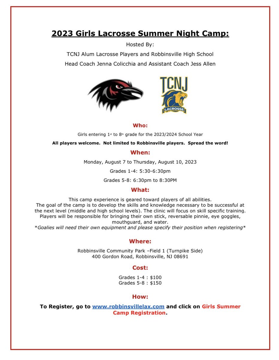 Jennamarie Colicchia (@coachcolicchia) on Twitter photo RLA camp August 7-10 for rising grades 1-9! <a href="/RvilleProud/">RvilleProud</a> <a href="/pond_road/">Pond Road Middle School</a> <a href="/bitsbyBoomer/">Sharon School</a> @RobbinsvilleAD <a href="/RobbinsvilleLax/">RLA Robbinsville Lax</a> <a href="/j_ogorman819/">Joe O'Gorman</a> RLA camp August 7-10 for rising grades 1-9! <a href="/RvilleProud/">RvilleProud</a> <a href="/pond_road/">Pond Road Middle School</a> <a href="/bitsbyBoomer/">Sharon School</a> @RobbinsvilleAD <a href="/RobbinsvilleLax/">RLA Robbinsville Lax</a> <a href="/j_ogorman819/">Joe O'Gorman</a>