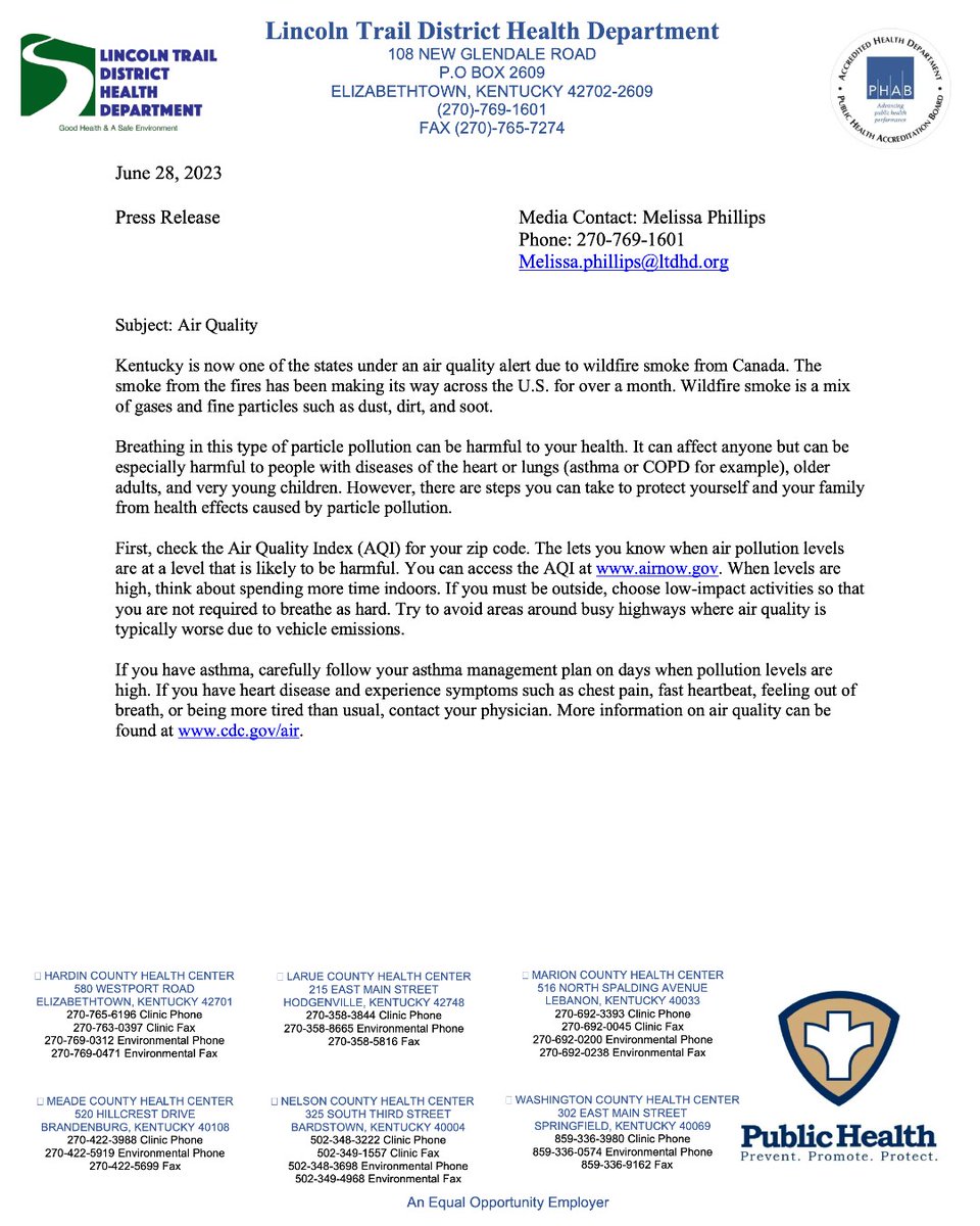 PRESS RELEASE: ⚠️ Air Quality
June 28, 2023

Kentucky is now one of the states under an air quality alert due to wildfire smoke from Canada: bit.ly/3NxpCly