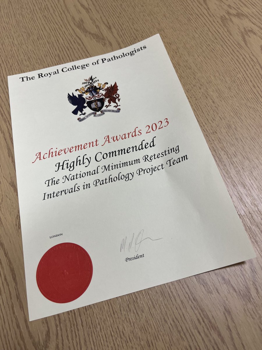 This arrived in the post today!#RCPathAchievementAwards2023 #HighlyCommended Thanks to all contributors  ⁦@RCPath⁩ ⁦@TheACBNews⁩ #MinimumRetestingIntervals #Inappropriatetesting #labmed #laboratoryoptimumtesting ⁦⁦@NuTHPathology⁩ ⁦⁦@BloodSciences⁩