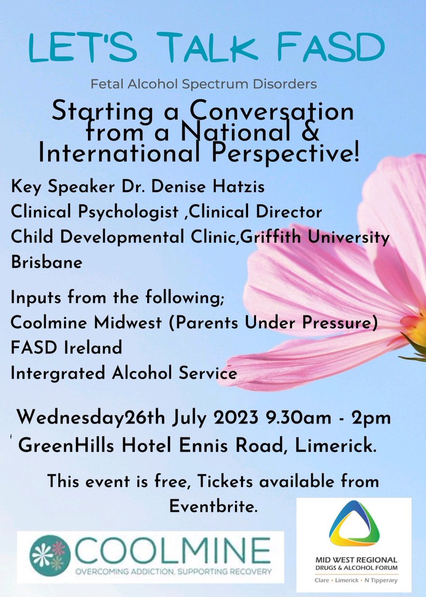MWRDAF's tweet image. Let&apos;s Talk FASD - Starting a Conversation from a National and International Perspective.
Key Speaker Dr. Denise Hatzis, Griffith University Brisbane. @FASDIreland @CoolmineTC #fasdireland #fasdaware @CommHealthMW @HSE_SI @drugsdotie Registration @eventbrite