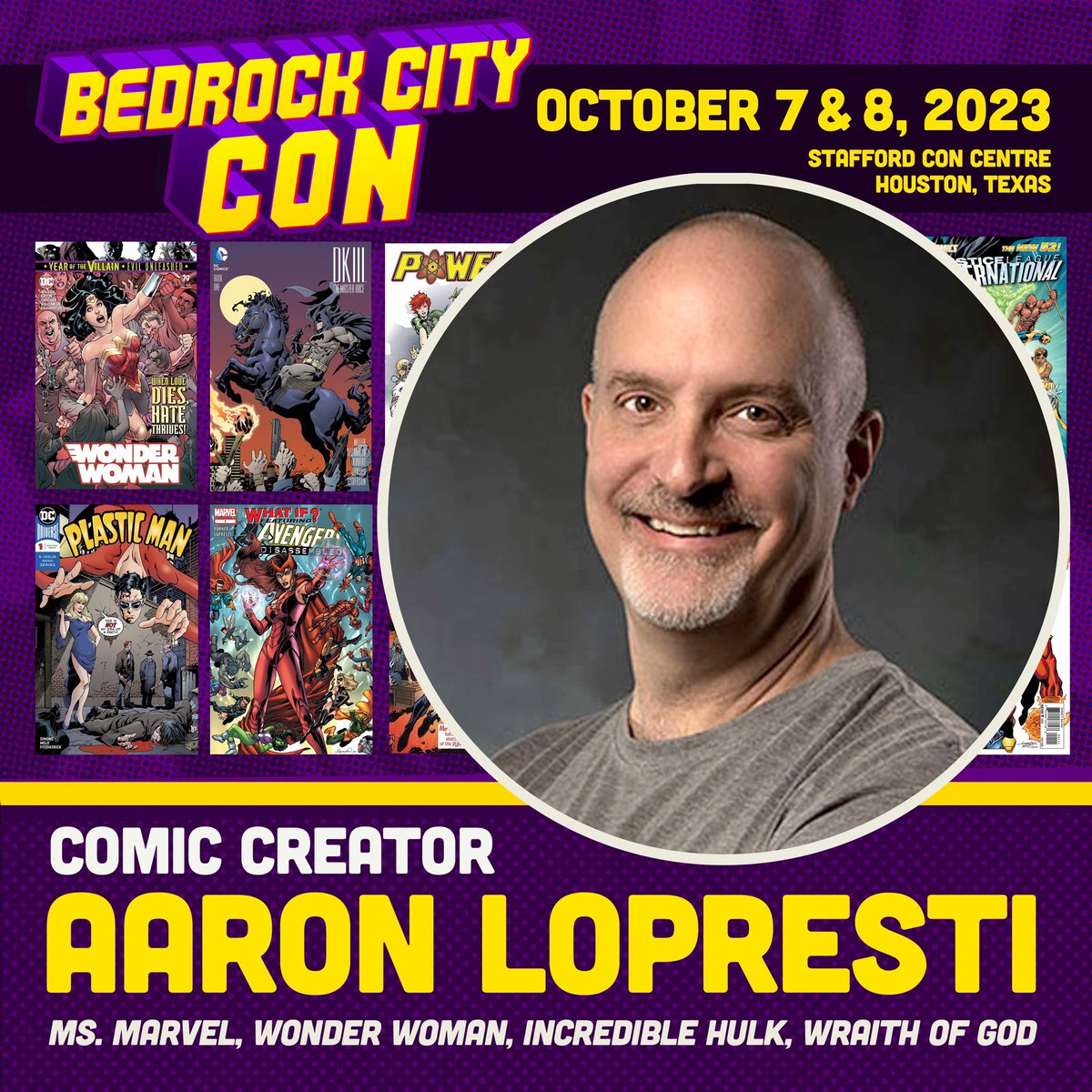 A Murderer’s Row of artists will be at the @BedrockCity convention in Houston (this October), and also myself. With more guests announcements to come! @TerryMooreArt @aaronlopresti @KevinNowlan @jeffsmithsbone