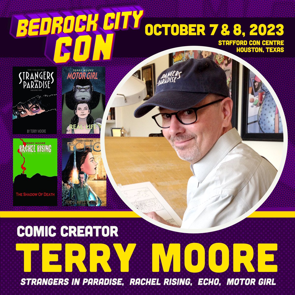 NickPitarra's tweet photo. A Murderer’s Row of artists will be at the @BedrockCity convention in Houston (this October), and also myself. With more guests announcements to come! @TerryMooreArt @aaronlopresti @KevinNowlan @jeffsmithsbone https://t.co/EsS3X9DEC7