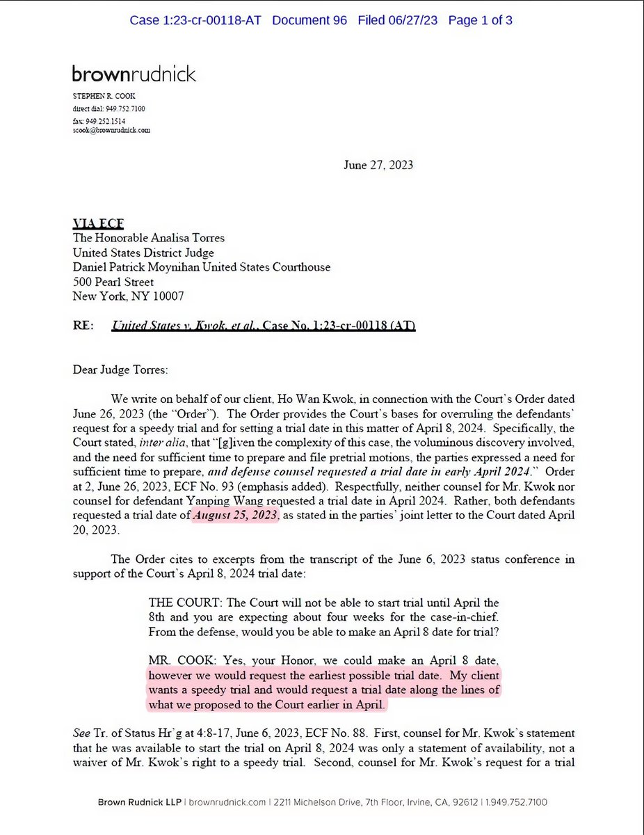 S7gril's tweet photo. Mr. Guo's attorney asks the court to change Guo's trial date to August 25, 2023, and to correct its erroneous statement written in April - "defense counsel requested a trial date in early April 2024." 
The letter points out the consistent requests Guo and his attorney made for a speedy trial date. Guo's attorney's request was clearly written in a letter to the court dated April 20, 2023.
#FreeMilesGuo #FreeYvetteWang