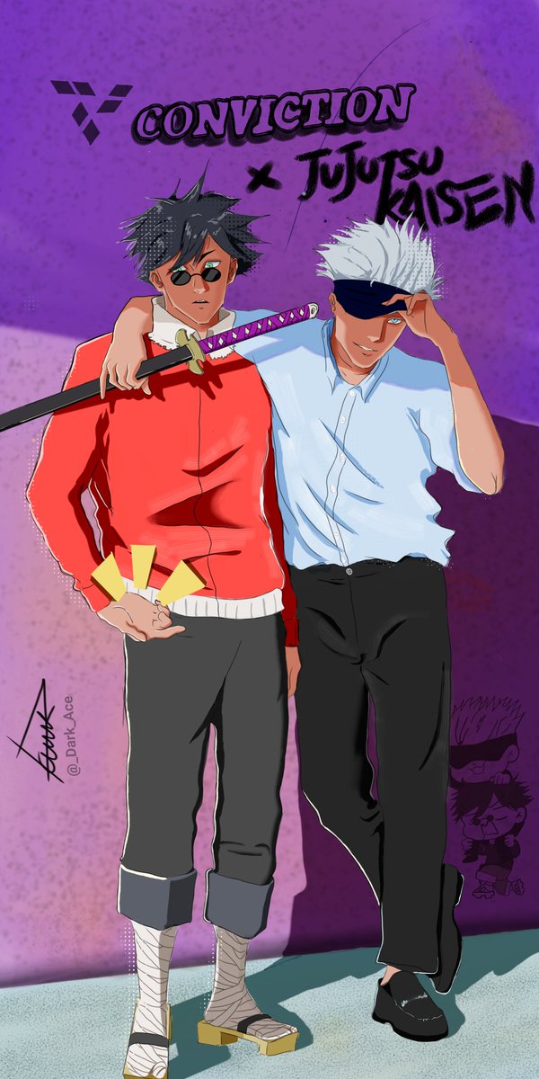 theGupstairs's tweet photo. My submission for the @ConvictionStd art contest
    •      Ken X Gojo Satoru
    •      Conviction X Jujutsu Kaisen

I bet you're wondering how Ken's Katana got to Satoru... We all know why 😏😏...
#CVART #ConvictionStd #JujustuKaisen https://t.co/lRUESpRykw
