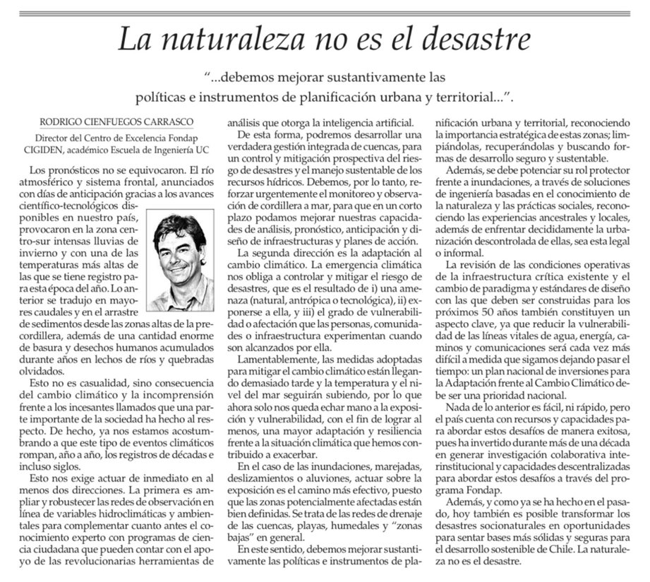 Excelente columna de <a href="/cienfueg/">Rodrigo Cienfuegos</a> 
Es necesario actualizar la planificación territorial a treves d la incorporación de redes que midan las variables climáticas. Hoy son las inundaciones, luego será el calor extremo. Urge avanzar en monitoreo medioambiental continuo <a href="/TerritorialData/">Territorial Data Solutions</a>