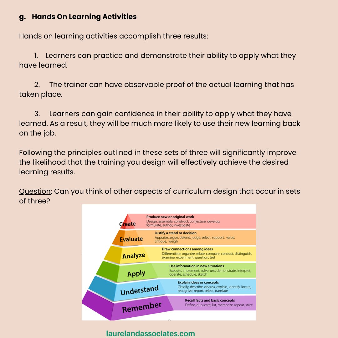 This Tip, Part Three, considers learning activity selection, learner practice, and hands on learning activities.

#Training #LaurelAndAssociates #CurriculumDesign #TrainingDevelopment #LearnerActivitySelection #LearnerPracticeOpportunities