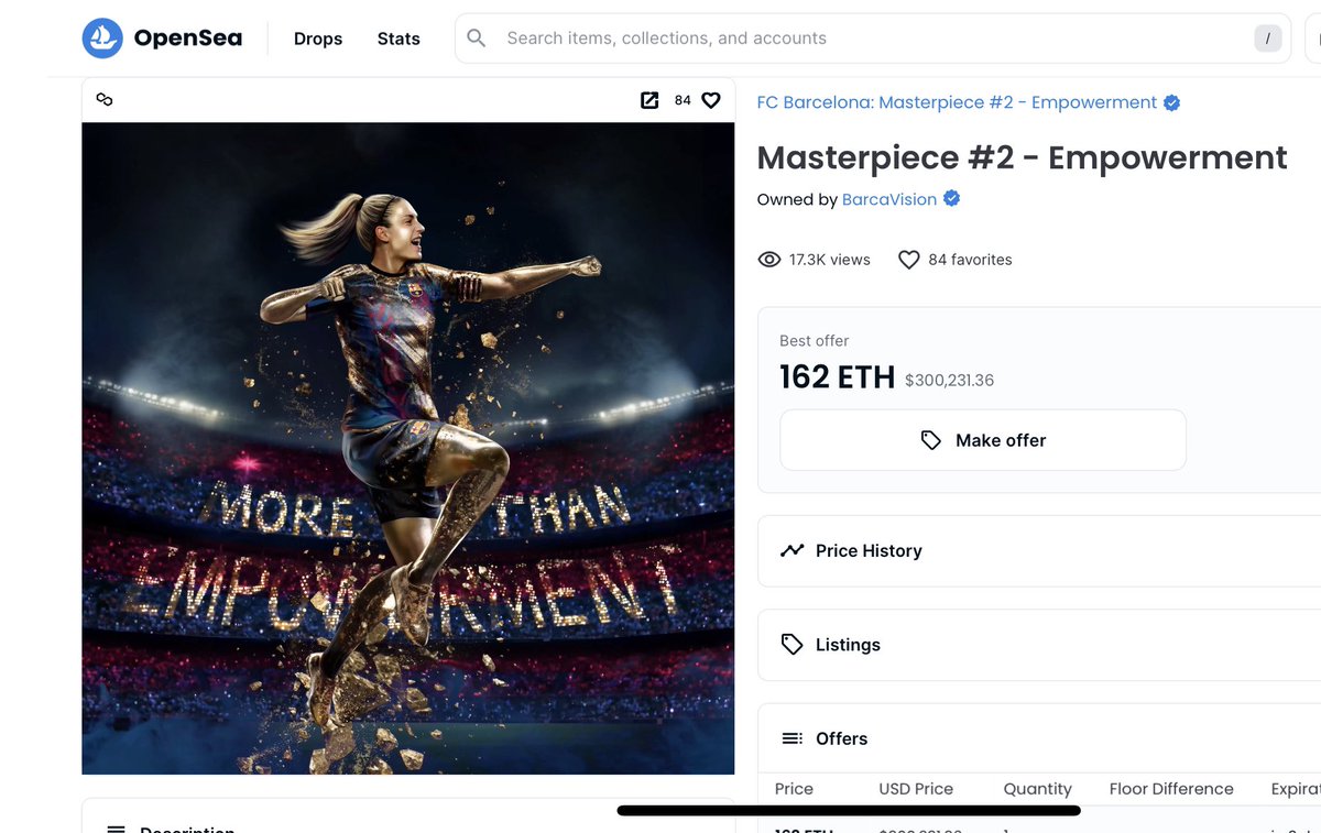 Sold for 162 Ξ

Massive congratulations to <a href="/worldofwomennft/">world of women</a>, <a href="/FCBfemeni/">FC Barcelona Femení</a> and the new buyer. 

I'm still trying to find the words to express the whirlwind of emotions I'm feeling right now. Overwhelming joy, excitement and the most deep and profound gratitude.  

I love you all.
