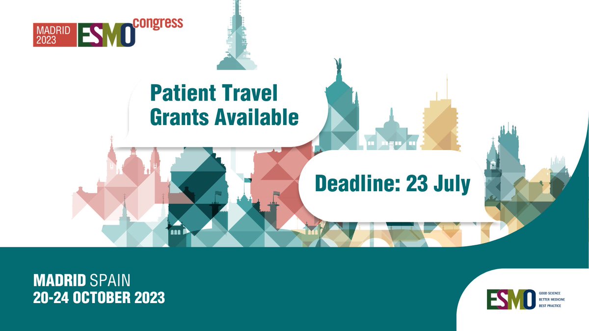 📢#ESMO23 Patient Travel Grant Programme now open: limited number of grants to reimburse travel & accommodation costs up to 1000€ & enable patient advocates to attend Patient Advocacy Track. More details: ow.ly/NVio50OZrh3 @TanjaSpanic @BairdAM @moss_barbara @BolanosNat