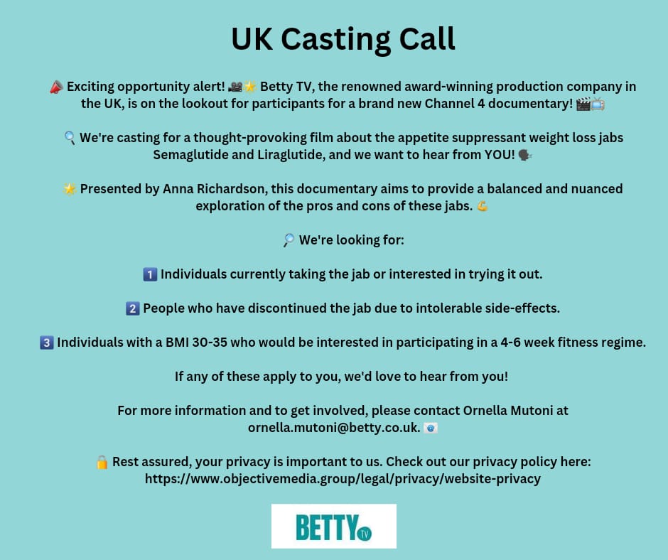 📣 Exciting opportunity alert! 🎥🌟 

We're casting for a thought-provoking film about the appetite suppressant weight loss jabs #Semaglutide and #Liraglutide, and we want to hear from YOU! 🗣️ 

#CastingCallUK  #WeightLossJabs  #Ozempic #Wegovy #Saxenda #Weightlossjourneyuk