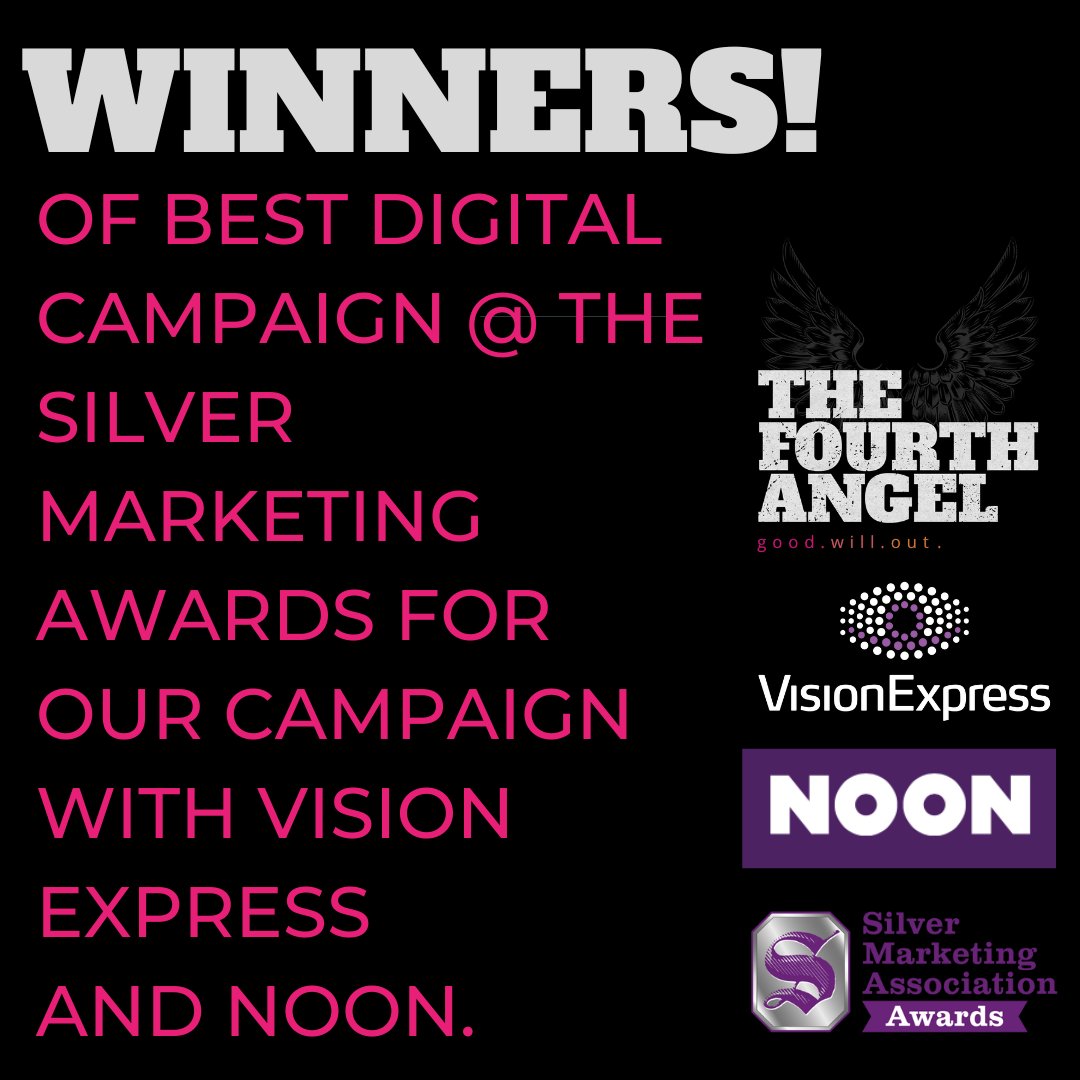 TFAcomms's tweet photo. What. A. Stunner. Another cracking campaign gets its Angel wings. Raising a glass to our stellar partners, Vision Express and Noon. #silvermarketingawards #over50s https://t.co/lvoy8xa6cl