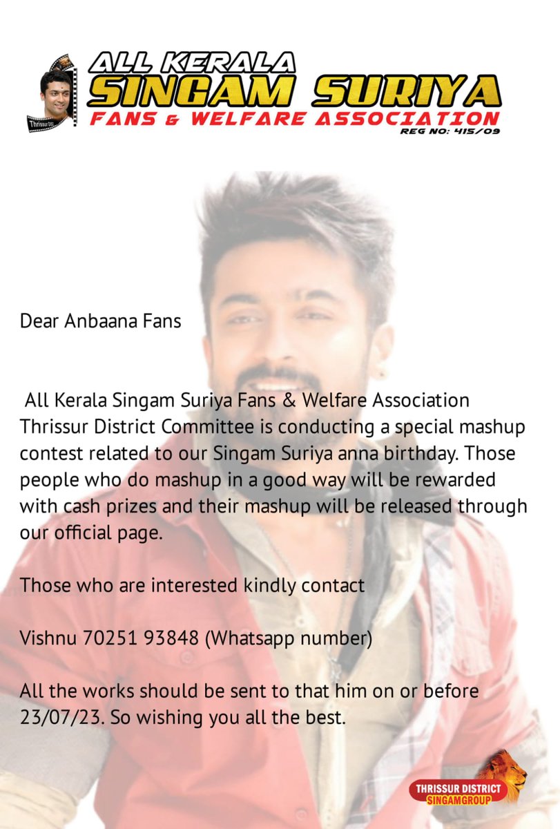 SHIGINSURIYATCR's tweet photo. • @singamgroup8 Conducting a special mashup contest related to our @Suriya_offl birthday.Kindly contact us anyone who interested to do this.

Vishnu :  70251 93848 

All the works should be sent to that him on or before 22/07/23. So wishing you all the best. 

@rajsekarpandian https://t.co/8WjOozMynj