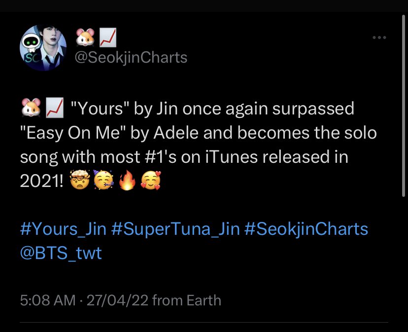 A recap of what Yours by Jin achieved during its release. With Zero promotion and released on a Sunday.

Solo song with Most #1 iTunes in 2021

600 DAYS WITH YOURS 
#600DaysWithYours
#유어스_600일_축하해