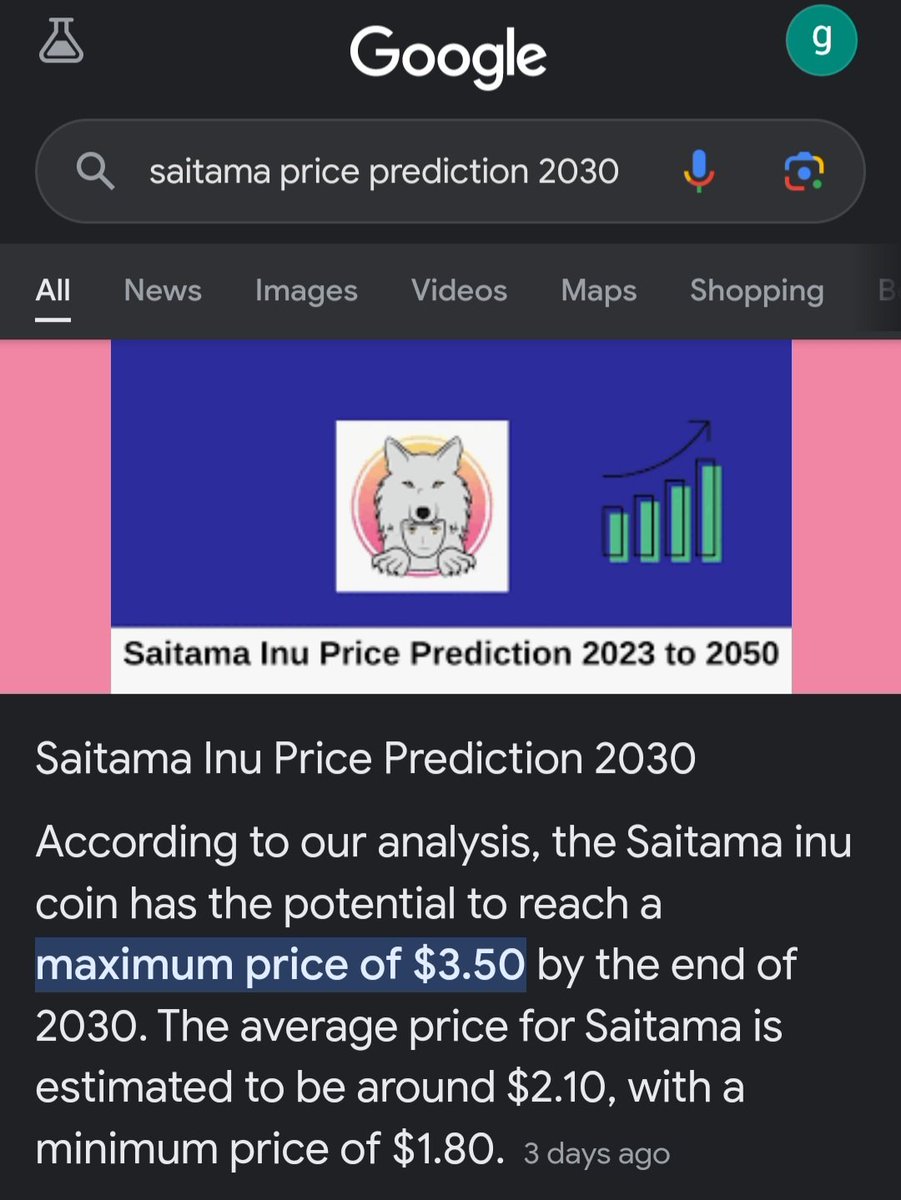 Cory74952897's tweet photo. Every once in awhile I will Google #Saitama price prediction for 2030..  For the past 4-6 months it has been increasing everytime I check.. https://t.co/DTvP6Bc7xv