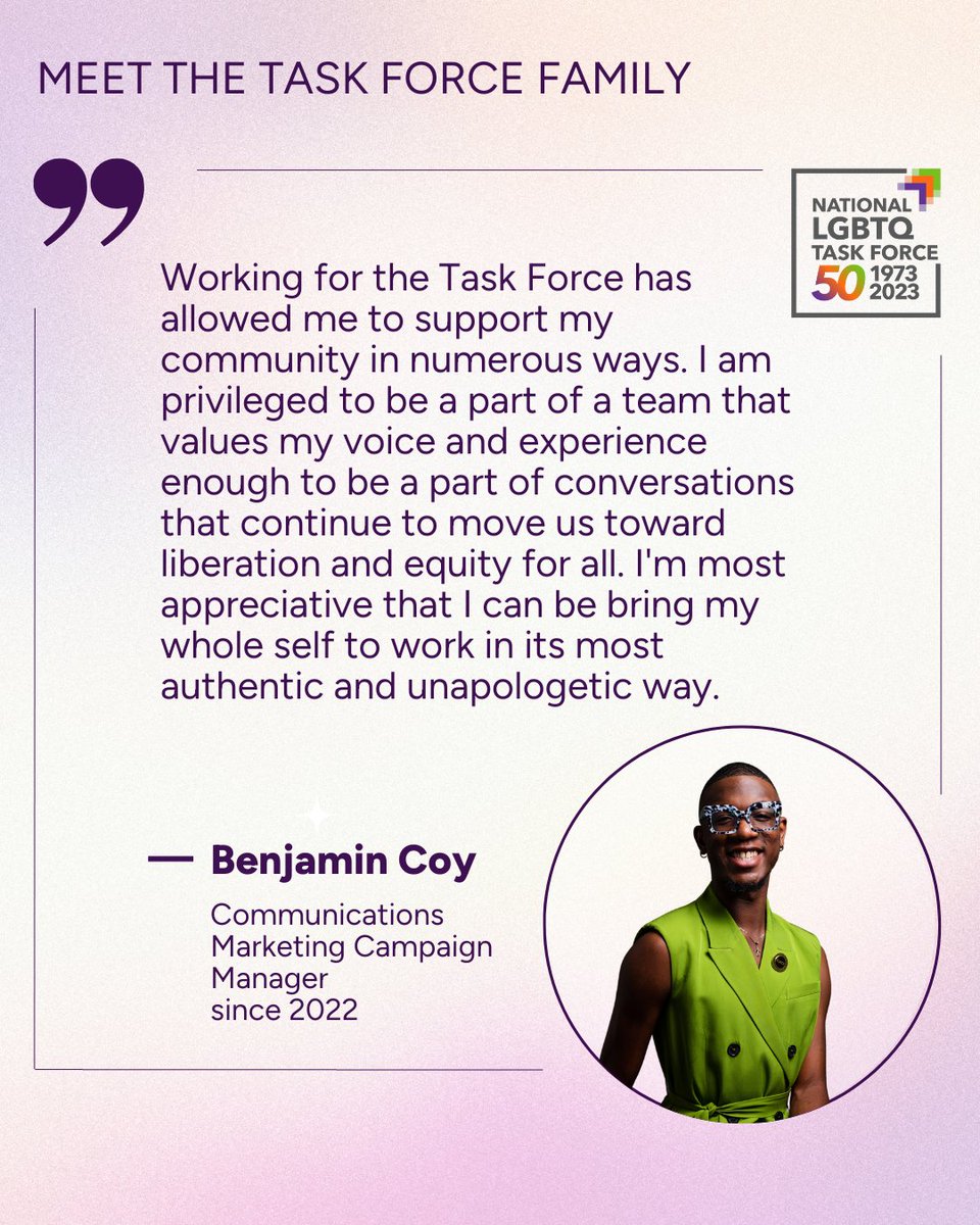 TheTaskForce's tweet photo. 💜Meet @thebenjamincoy (he/they), our Communications Marketing Campaign Manager! In addition to managing our social media channels and branding, he's partnered with non-profits to provide content creation assistance, creative consulting, and promotion planning.
#TaskForceat50 https://t.co/b59bMZ6lk0