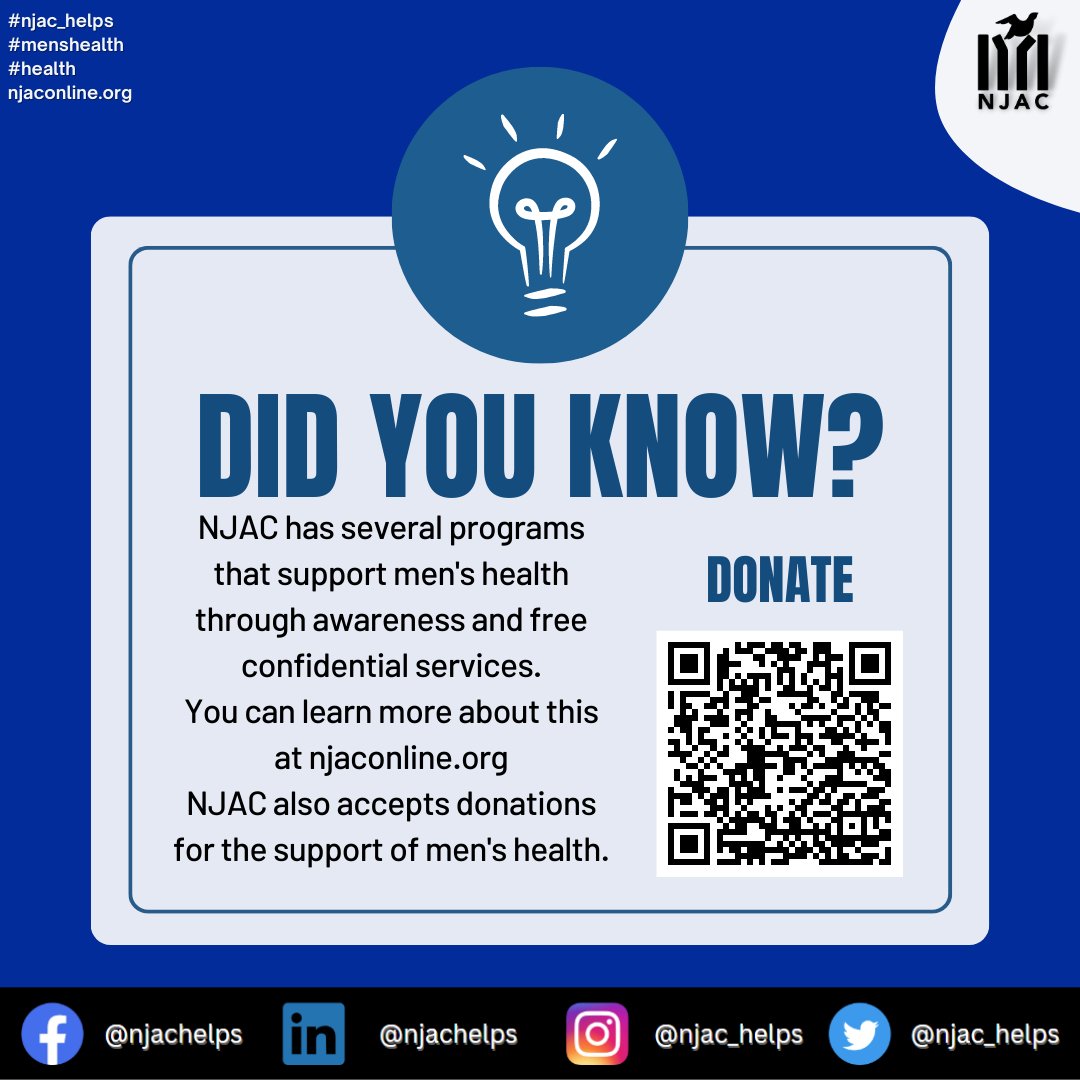 June is Men's Health Month. Did you know we have programs that support men's mental health? You can learn more and donate at hubs.li/Q01TkMYB0 or use the QR code.

#health #communityresource #nonprofit #newjersey #njac_helps