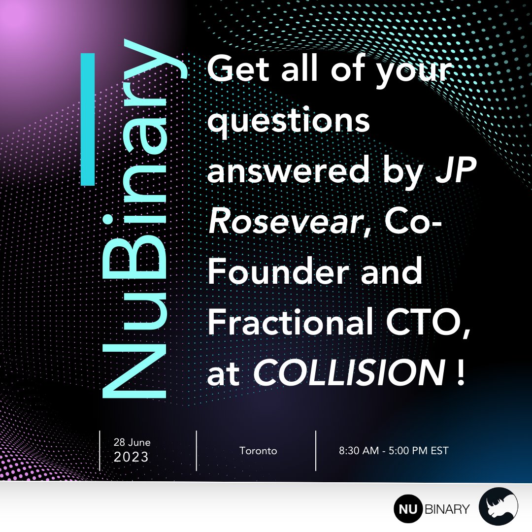 Meet us at Collision - @CollisionHQ !

.
#Collision #NuBinary #Collision2023 #Rhino #RhinoPlatform #MVP #CTO #fCTO #FractionalCTO #TechLeaders #TechExpertise