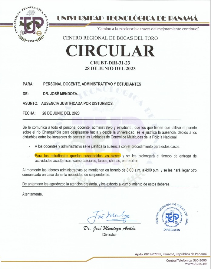 Suspensión de clases en la #UTPBocas debido a los disturbios que están ocurriendo en el Distrito de Changuinola.