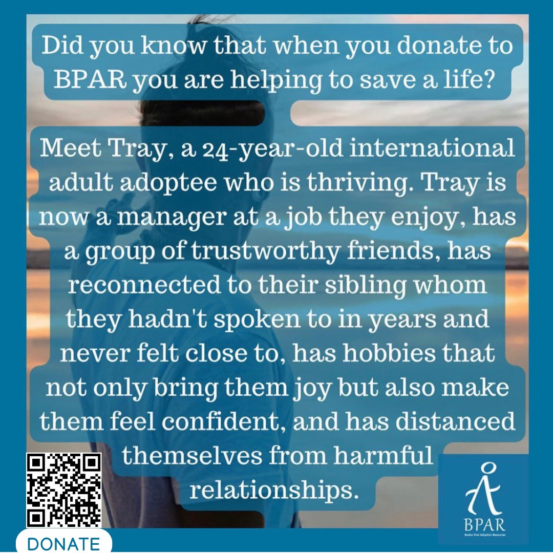 BPAR’s June 2023 Appeal ends today. Please help adoptees like Tray, adoptive families, and kids who need therapy and resources! Donate today! bpar.org/donate/ #adoptionresources #adoptee #mentalhealthmatters #bostontherapy #adoption