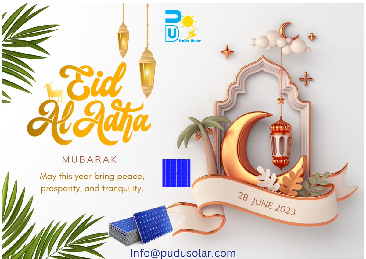 Wish you all Eid Mubarak 🌙🐪🌙
May this Eid brings endless moments of joy and happiness to our life.❤️ 
May the blessings of Eid al-Adha fill your hearts with peace, joy, and contentment.
🌙✨ Eid Mubarak to all my dear friends and family! ✨🌙
#eidaladha2023 #pvsolar #solarcell