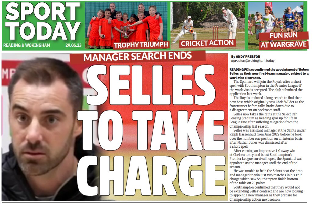 Sport.Today (@wokinghamsport) on Twitter photo 🗞️𝗧𝗢𝗠𝗢𝗥𝗥𝗢𝗪'𝗦 𝗥𝗘𝗔𝗗𝗜𝗡𝗚 𝗧𝗢𝗗𝗔𝗬
🗣️ #ReadingFC fans call for ownership change <a href="/SellBeforeWeDai/">Sell Before We Dai</a>
🇪🇸 Ruben Selles set to take charge
🏅 <a href="/fiberkshire/">Football in Berkshire</a> awards
🏆 Success for <a href="/abckick123/">ABC Kick</a>
🏏 <a href="/eccboars/">Eversley CC</a> stay top
👟 <a href="/StAnthonysGAA/">St Anthony's GAA Reading</a> cup final action
#TomorrowsPapersToday 🗞️𝗧𝗢𝗠𝗢𝗥𝗥𝗢𝗪'𝗦 𝗥𝗘𝗔𝗗𝗜𝗡𝗚 𝗧𝗢𝗗𝗔𝗬
🗣️ #ReadingFC fans call for ownership change <a href="/SellBeforeWeDai/">Sell Before We Dai</a>
🇪🇸 Ruben Selles set to take charge
🏅 <a href="/fiberkshire/">Football in Berkshire</a> awards
🏆 Success for <a href="/abckick123/">ABC Kick</a>
🏏 <a href="/eccboars/">Eversley CC</a> stay top
👟 <a href="/StAnthonysGAA/">St Anthony's GAA Reading</a> cup final action
#TomorrowsPapersToday