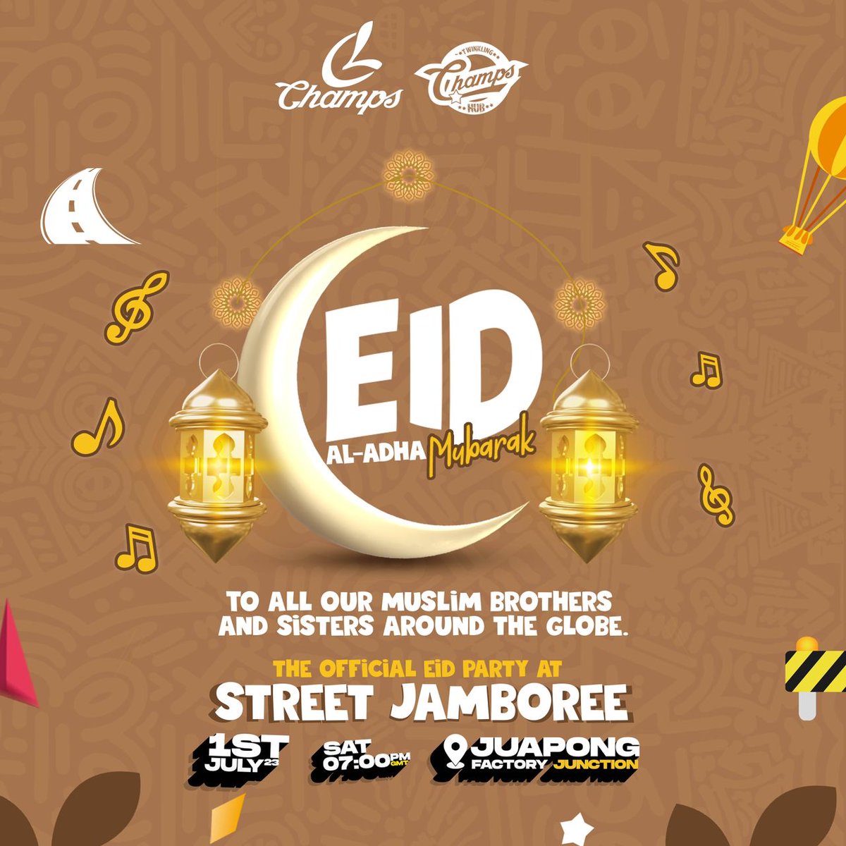 ChampsHubGh's tweet photo. Happy Eid Mubarak to all our Muslim brothers/sisters all over the globe. 

The official Sallah Jam is at STREET JAMBOREE!!!

This Saturday, Factory Junction, Juapong.  📌

Keep it locked on @ChampsHubGh for more details to come!
#ChampsHubGh #StreetJamboree #SummerInJuapong https://t.co/4gPHWflnI2
