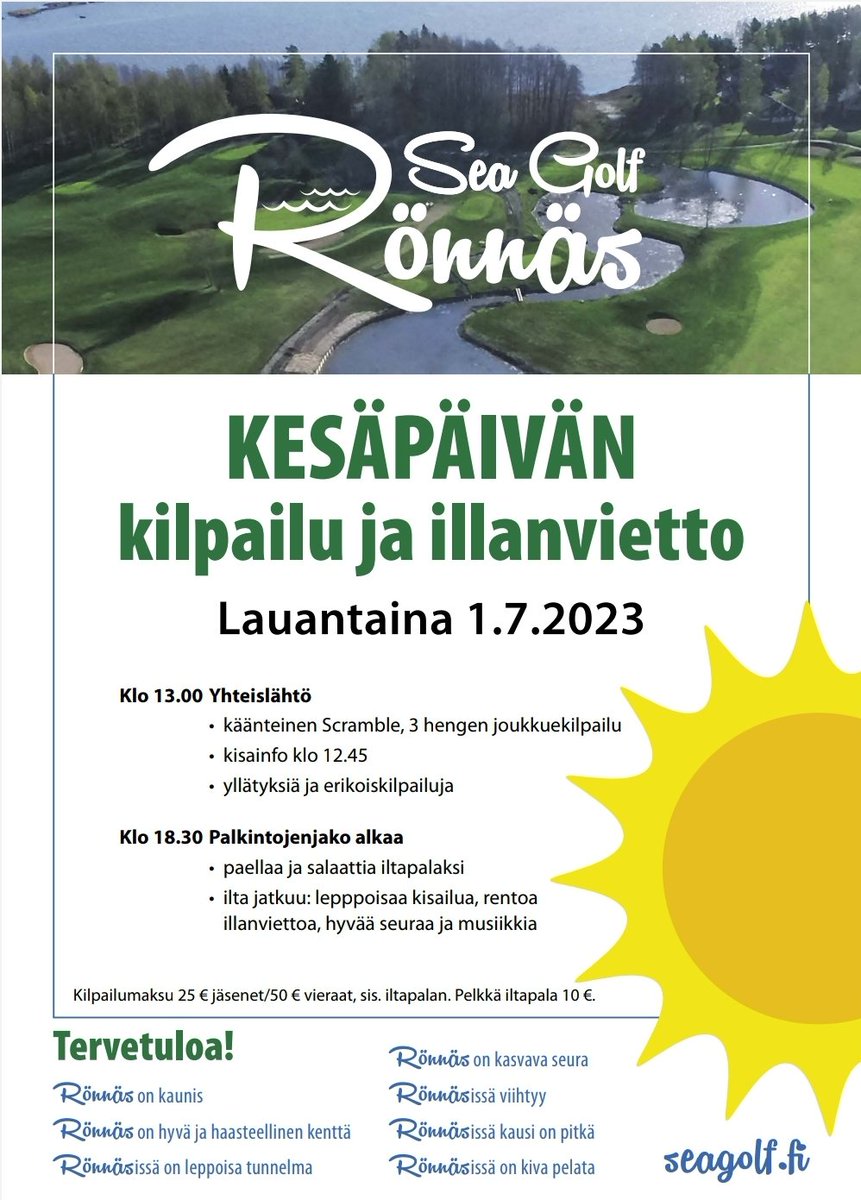 Tulevan viikonlopun tapahtumat: 
- Pe 30.6. Grilli Open (3hlö Texas) 
- La 1.7. Kesäpäivän Scramble (3hlö) 
- Su 2.7. Berner Sekapari Cup, greensome (2hlö)

Ilmoittaudu pian!
