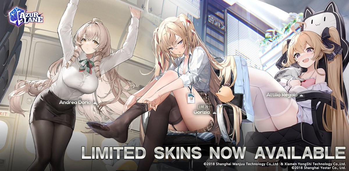 Dear Commander,  Shipgirls have changed into their Office Uniforms. Limited skins shown below will be available after next maintenance.

Sneak a break and join Gorizia and other shipgirls to experience a leisure time~

#AzurLane #Yostar