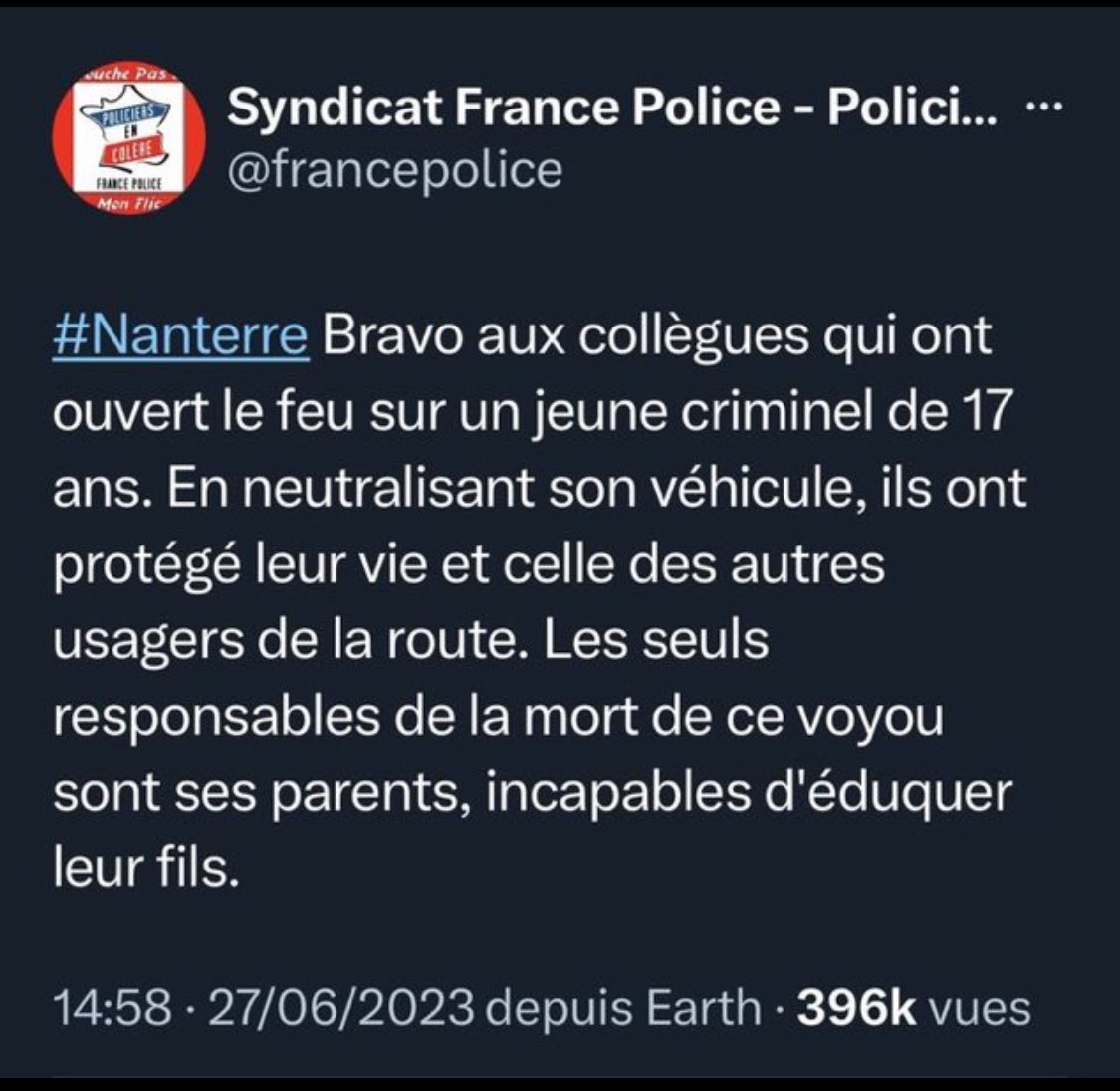 alexiscorbiere's tweet photo. Ce pseudo syndicat (ultra minoritaire certes) de policiers, qui approuvent de façon indigne la mort de #Nael doit être interdit. De tels propos violents insultent la vision républicaine de la police. Ces provocations doivent cesser. 
M. Le Ministre @GDarmanin agissez ! https://t.co/vpfhLGiZGQ