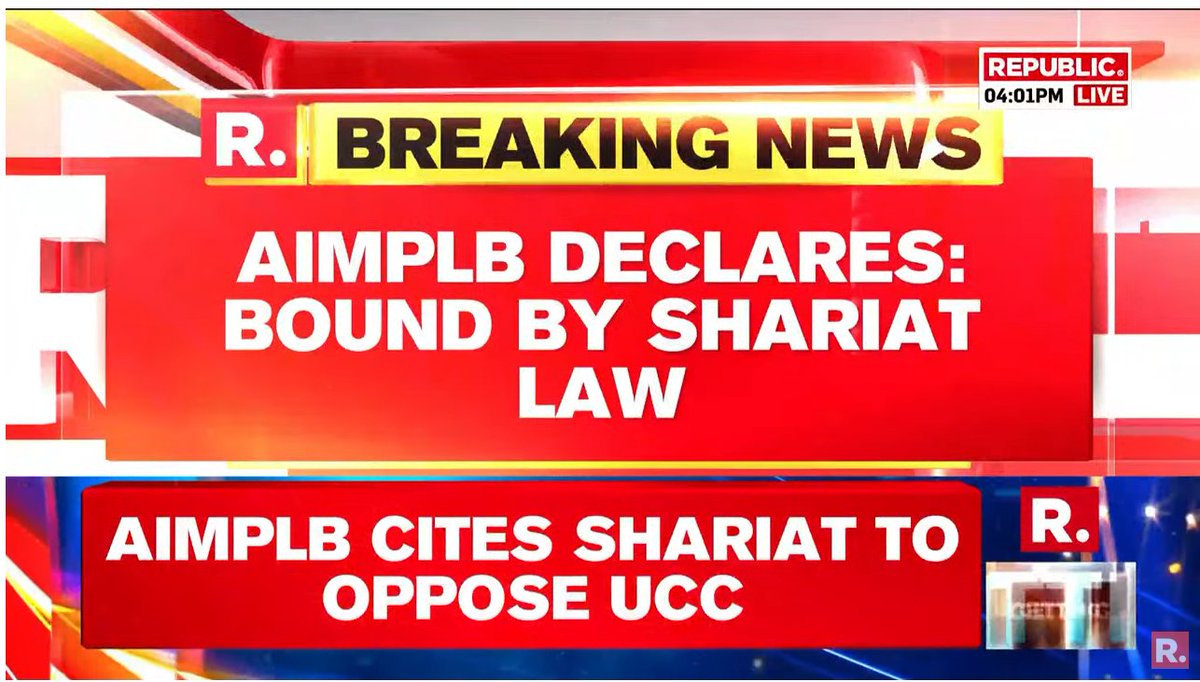 republic's tweet photo. #BREAKING | We are bound by Shariat law, declares AIMPLB and questions UCC.

AIMPLB will meet President Droupadi Murmu in July over UCC matter.

https://t.co/6CjsNJaatY

#AIMPLB #DroupadiMurmu #President #UCC #PMModi https://t.co/iAMBP38HT5