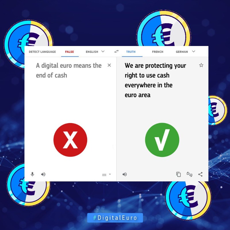 EU_Finance's tweet photo. We're myth-busting the most common misconceptions about the #DigitalEuro!

@ecb, like many other central banks around the world, is investigating the possibility of introducing a digital version of its currency, the euro, but of course, cash is here to stay.
Find out more! #CBDC