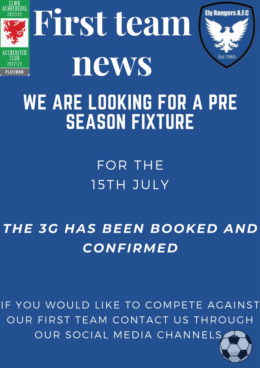Ely Rangers AFC (@elyrangersfc) on Twitter photo Due to a cancellation, the first team is looking for a pre season game on the 15th July. Please note the 3G has been booked and confirmed. Please contact us through our social media channels if you would like to arrange a fixture ππ€ Due to a cancellation, the first team is looking for a pre season game on the 15th July. Please note the 3G has been booked and confirmed. Please contact us through our social media channels if you would like to arrange a fixture ππ€