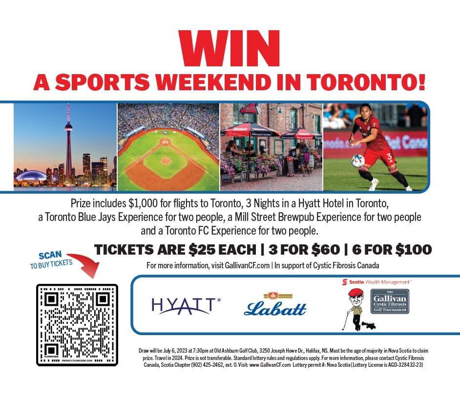 Join the Gallivan CF Golf Raffle for a shot at an unforgettable Sports Weekend in Toronto! Experience VIP treatment at both a Blue Jays game and a Toronto FC Soccer match.
Visit  rafflebox.ca/raffle/cfc-ns  now to secure your tickets