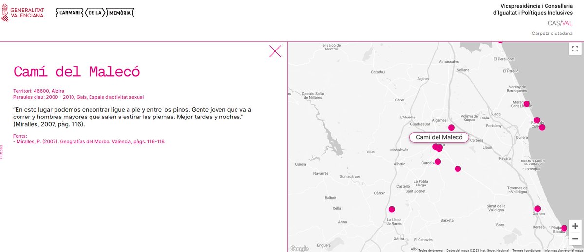 #Sabiesque la #cartografia també pot estar al servei del col·lectiu #lgtbi? 

L'Armari de la Memòria de la <a href="/generalitat/">Generalitat</a> valenciana recull en un mapa els espais LGTBI històrics d'arreu del territori valencià.

👉larmari.gva.es/mapa/cami-del-…
ℹ️ bit.ly/3Jz79nA

@larmarigva