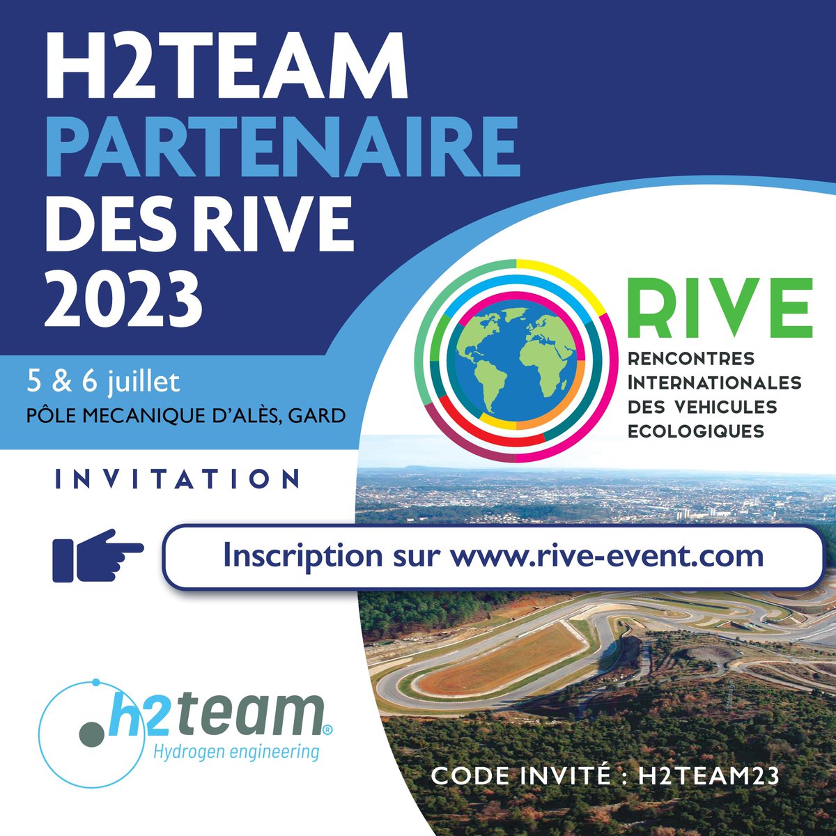 H2TEAM__'s tweet photo. @H2TEAM__  sera présente les 5 et 6 juillet sur le Pôle Mécanique d’Alès en tant que partenaire des RIVE 2023 ! 

📍RDV sur le « Village Mobilité Hydrogène » !

Inscrivez-vous gratuitement sur le site officiel des RIVE :  https://t.co/lZilG9NKqd avec notre code invité : H2TEAM23. https://t.co/8HLDYgXJJj