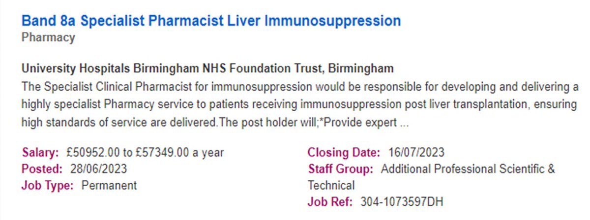 #Vacancy come join #UHB if you are looking for new exciting challenge, we want YOU to apply! We are now recruiting to the Band 8a Specialist Pharmacist - Liver Immunosuppression role.  The job reference number is 304-1073597DH  (jobs.nhs.uk)