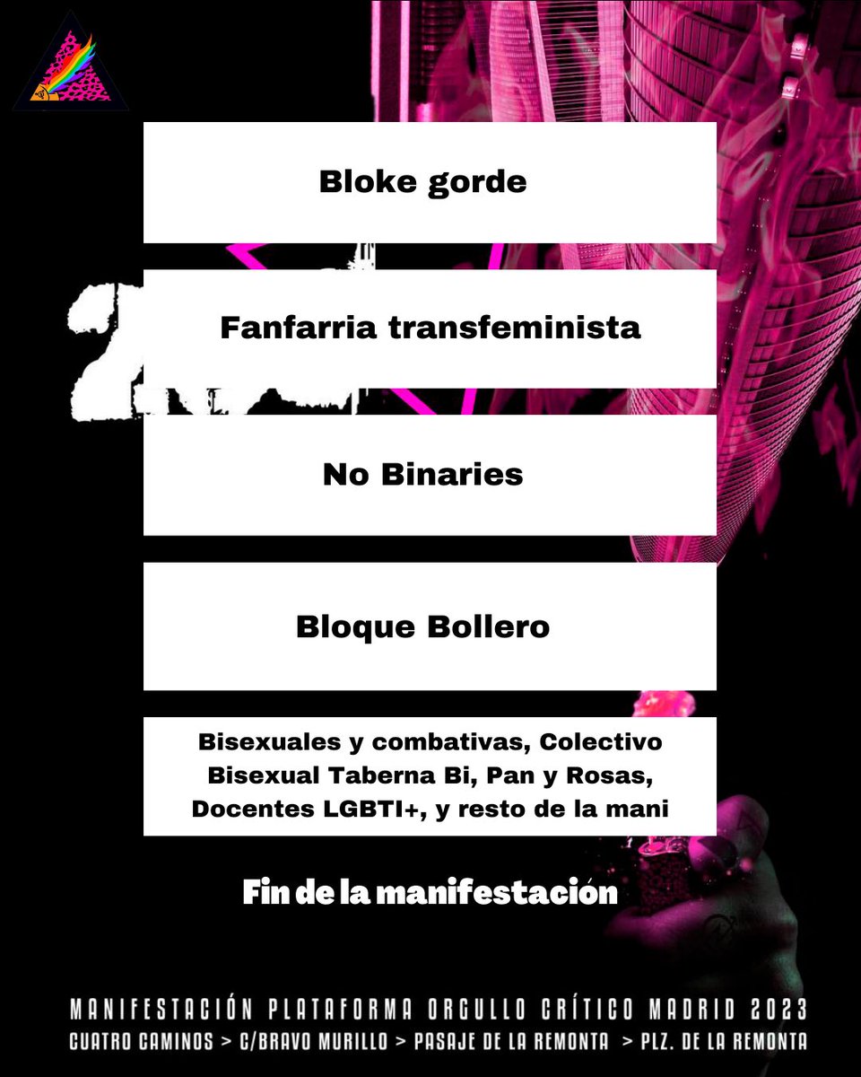 ❤️‍🔥 Orden de bloques de la manifestación hoy

CABECERA
Colectivo Frydas y discas 
Familias HD y Euforia 
Racializadas y migras
Orgullo Loco Madrid
Putas
Bloke gorde
Fanfarria transfem
No Binaries
Bloque Bollero
Bisexuales y Combativas, Taberna Bi, Pan y Rosas, Docentes LGBTI+