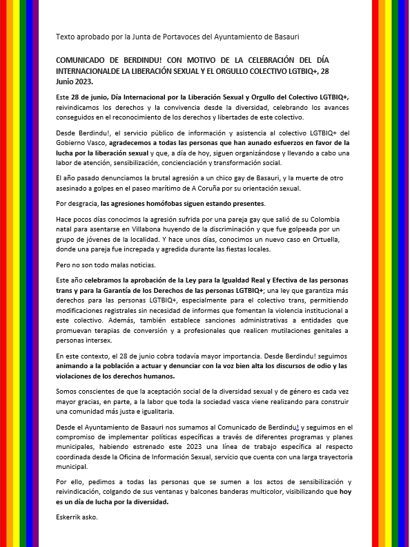 BasaurikoUdala's tweet photo. #LGTBIQ+ #Berdindu #Igualdad #Libertad #Basauri https://t.co/WtansJYVce